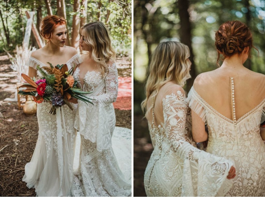 lesbian couple in wedding dresses in forest