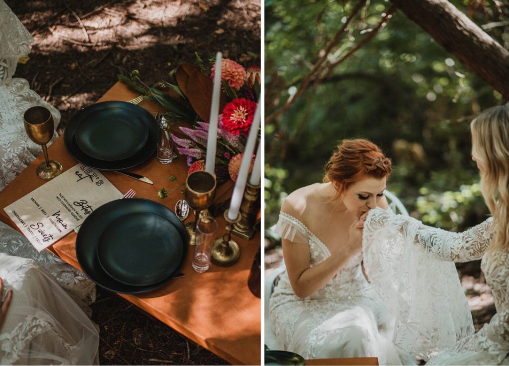 intimate table for two at forest wedding