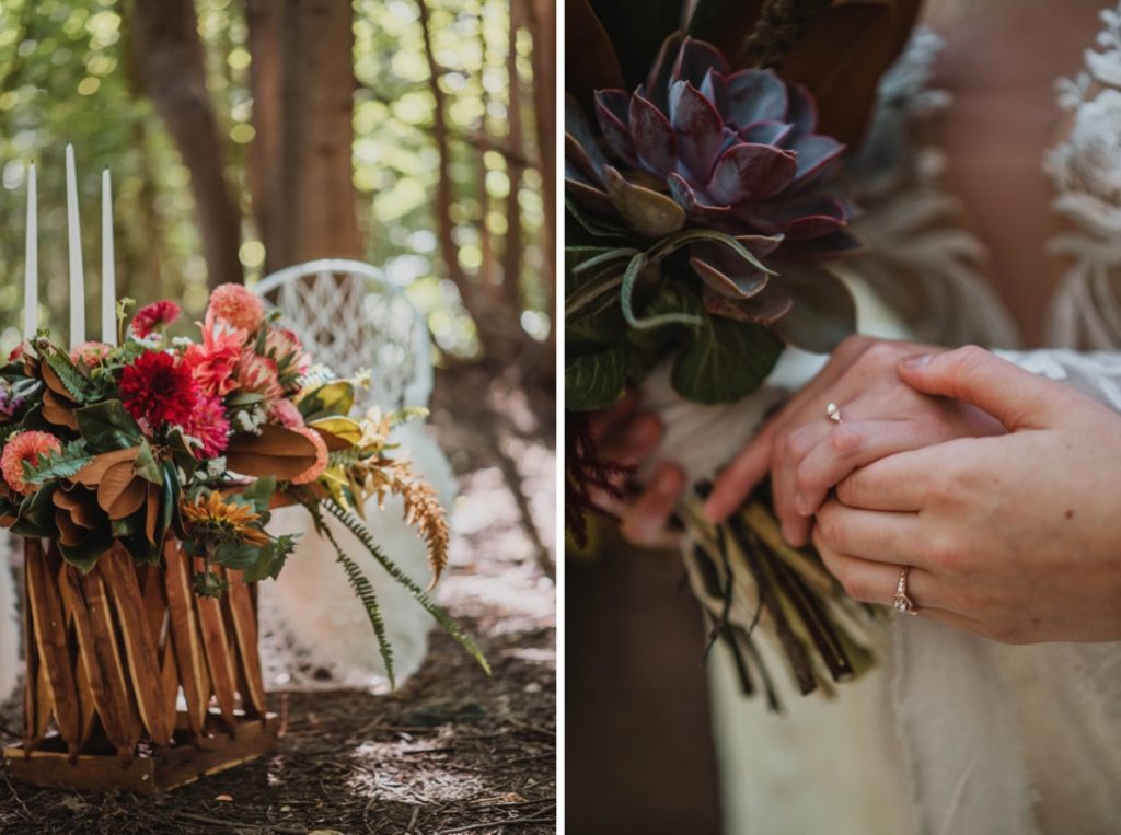 wedding table in forest and two brides holding hands