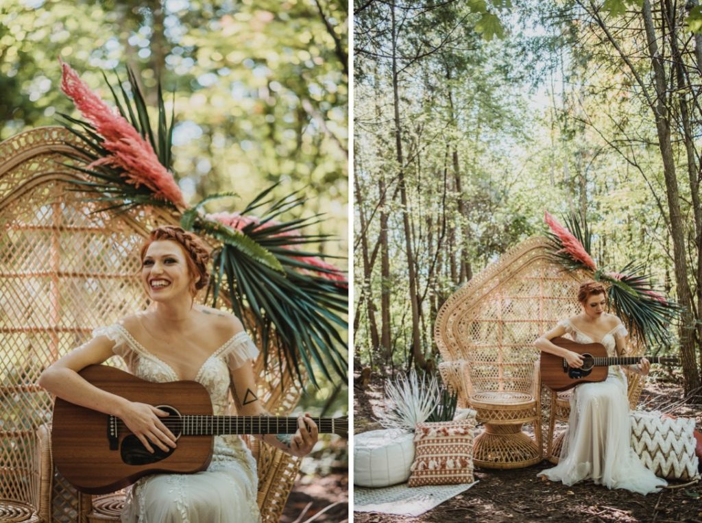 bride playing acoustic guitar