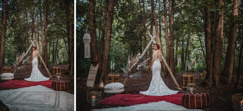 redhead bride standing in forest