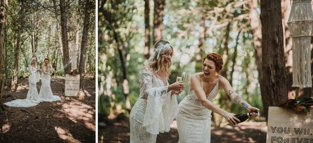 lesbian brides popping champagne in forest