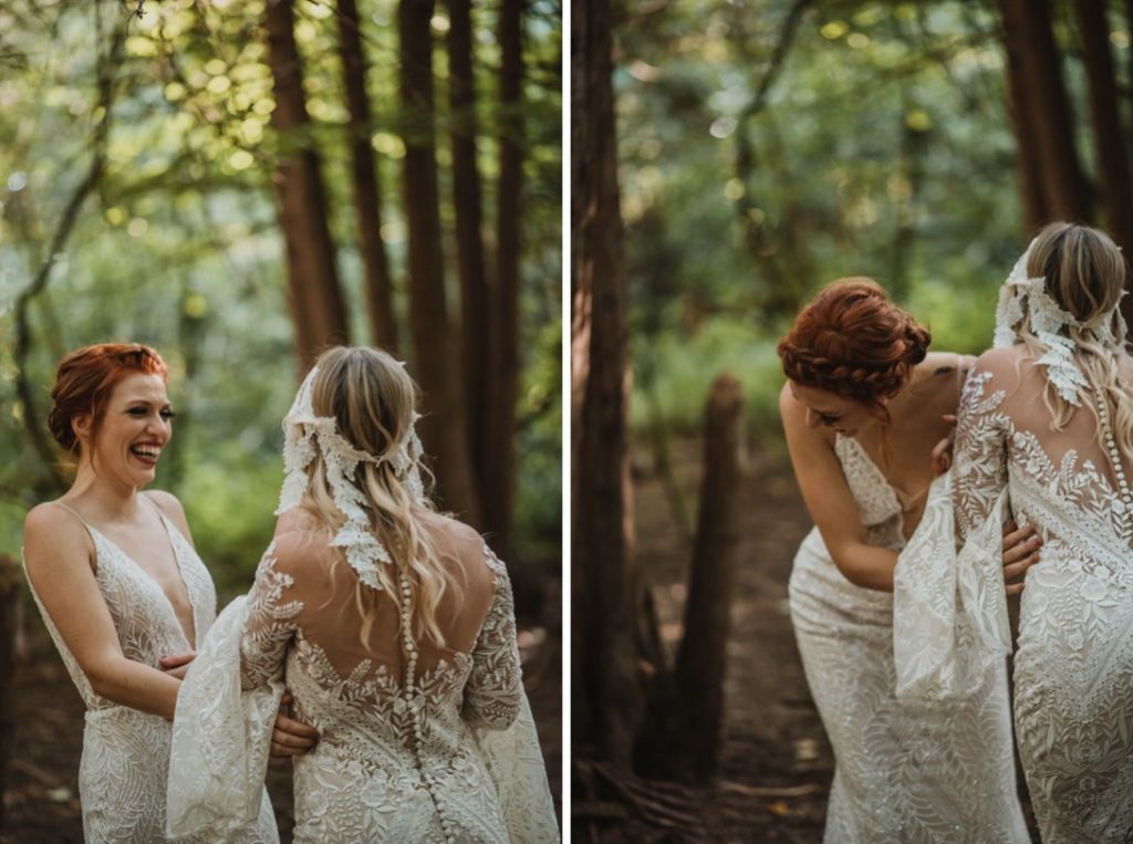 lesbian brides laughing in forest