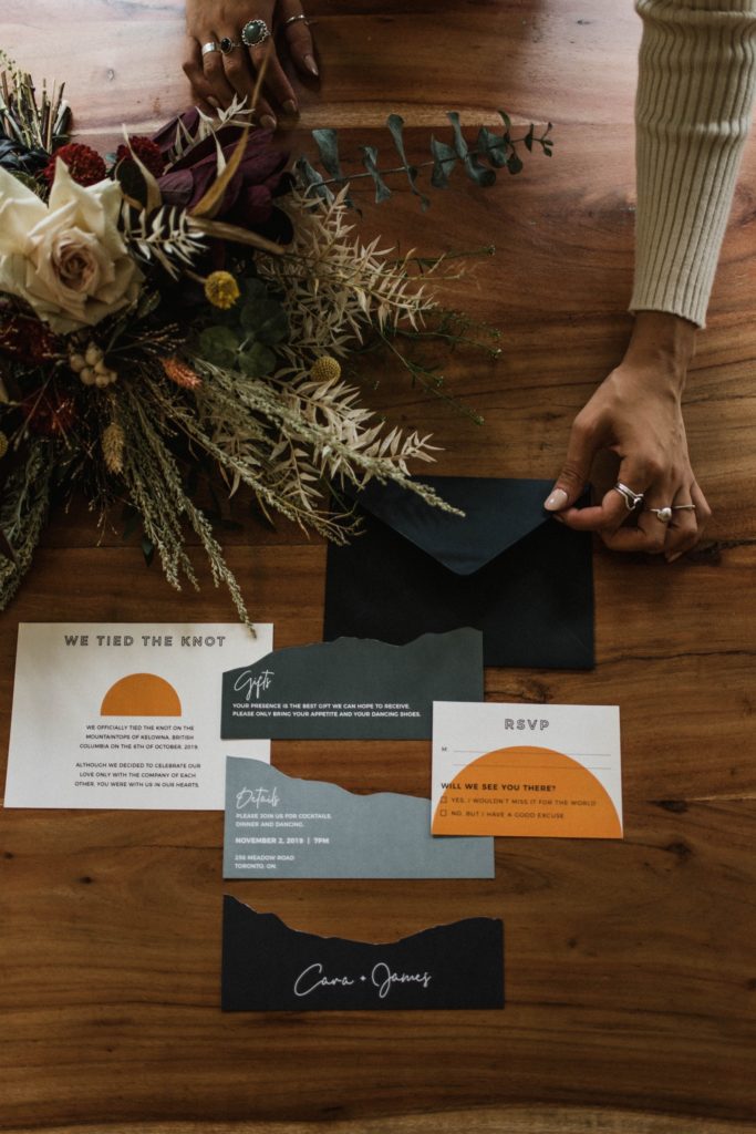 navy and orange mountain wedding invitations