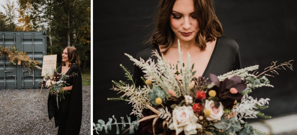 offbeat bride in black gown holding fall wedding bouquet