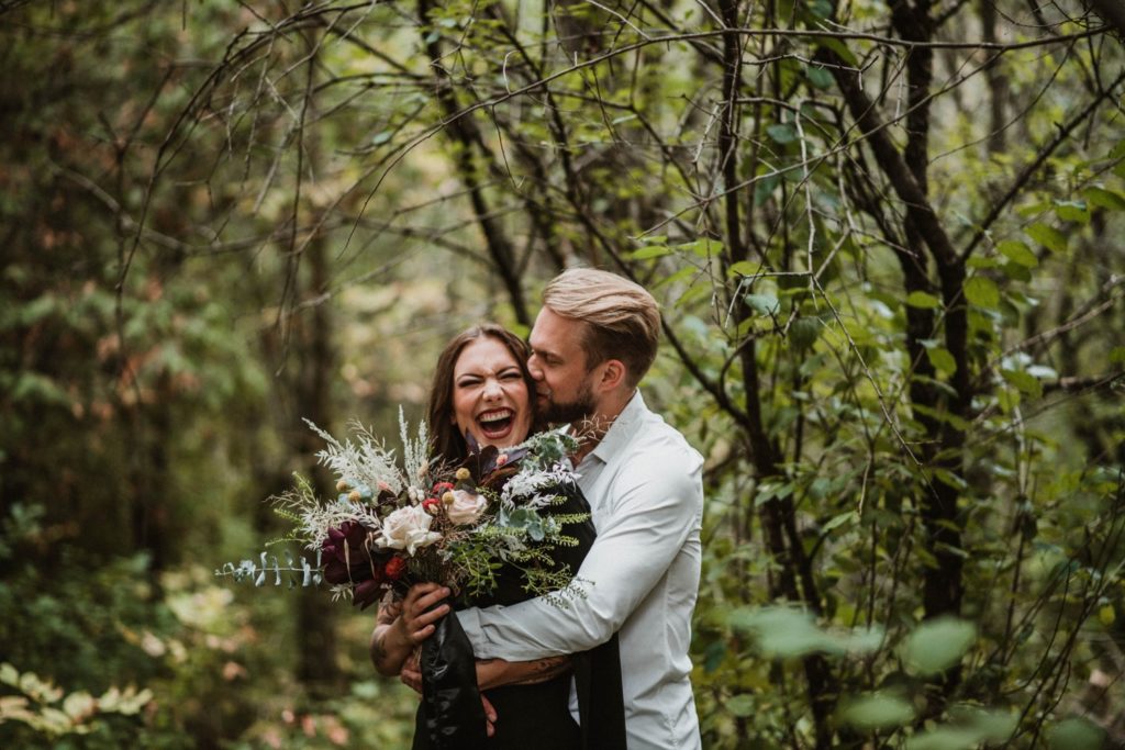 fall forest wedding bride and groom
