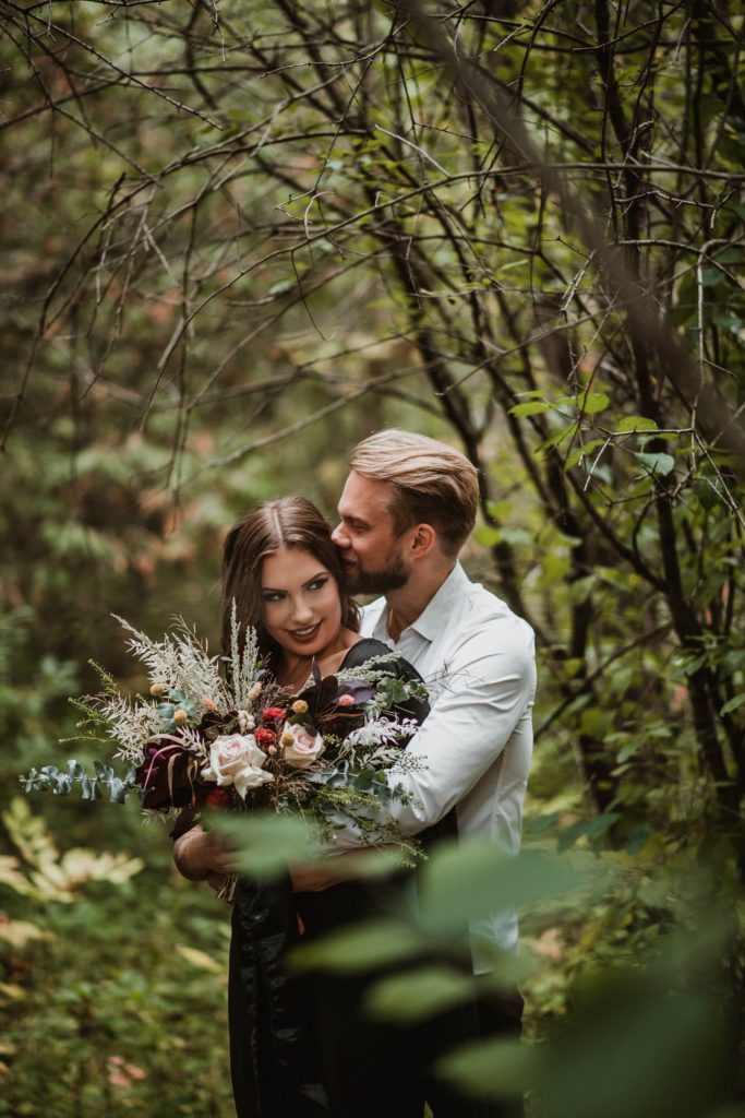 fall forest wedding bride and groom