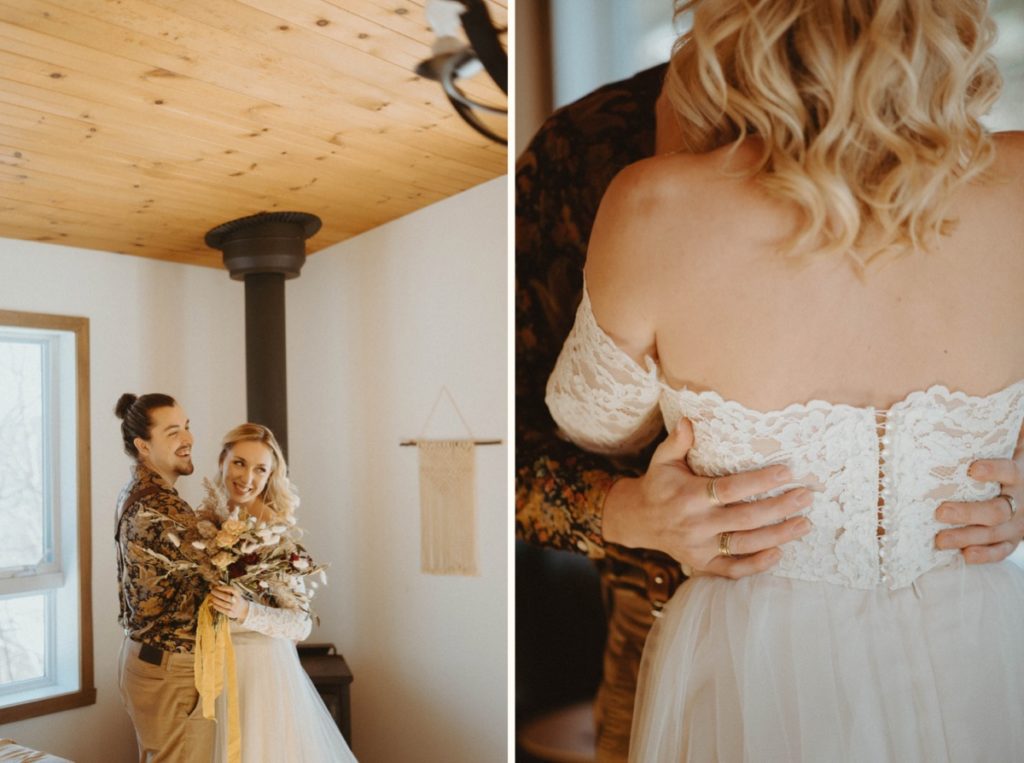 Couple in rustic cabin for winter elopement