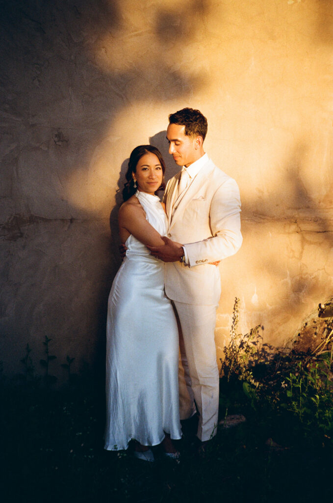 bride and groom golden hour portrait on 35mm film